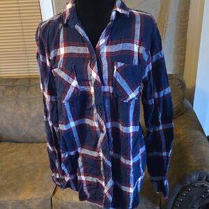 BTC Women's Casual Navy and Red Plaid Shirt Size L
